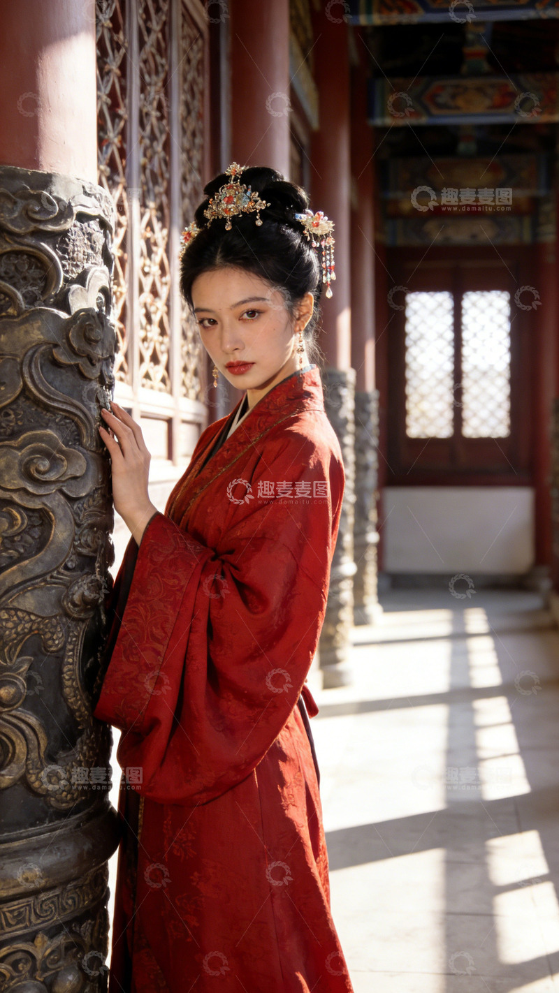 高清大图下载【趣麦麦图】古风红色汉服女子宫廷写真