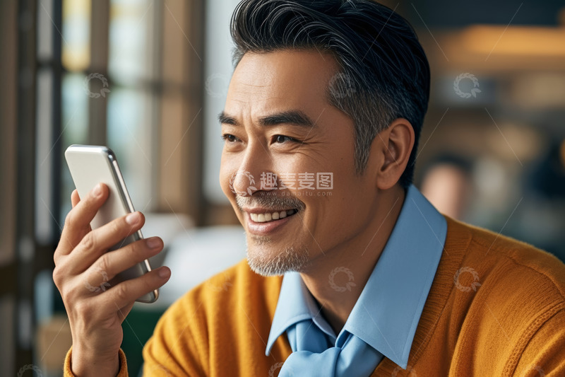 高清大图下载【趣麦麦图】中年男子手持手机微笑