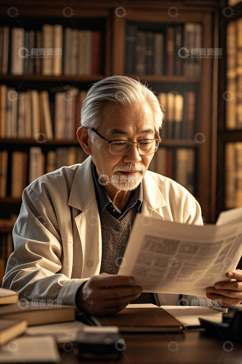 老年学者图书馆阅读