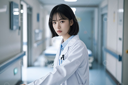 医院走廊的年轻女医生
