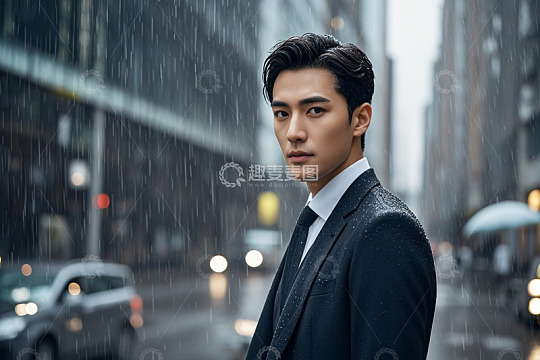 雨中身着西装的亚洲男子