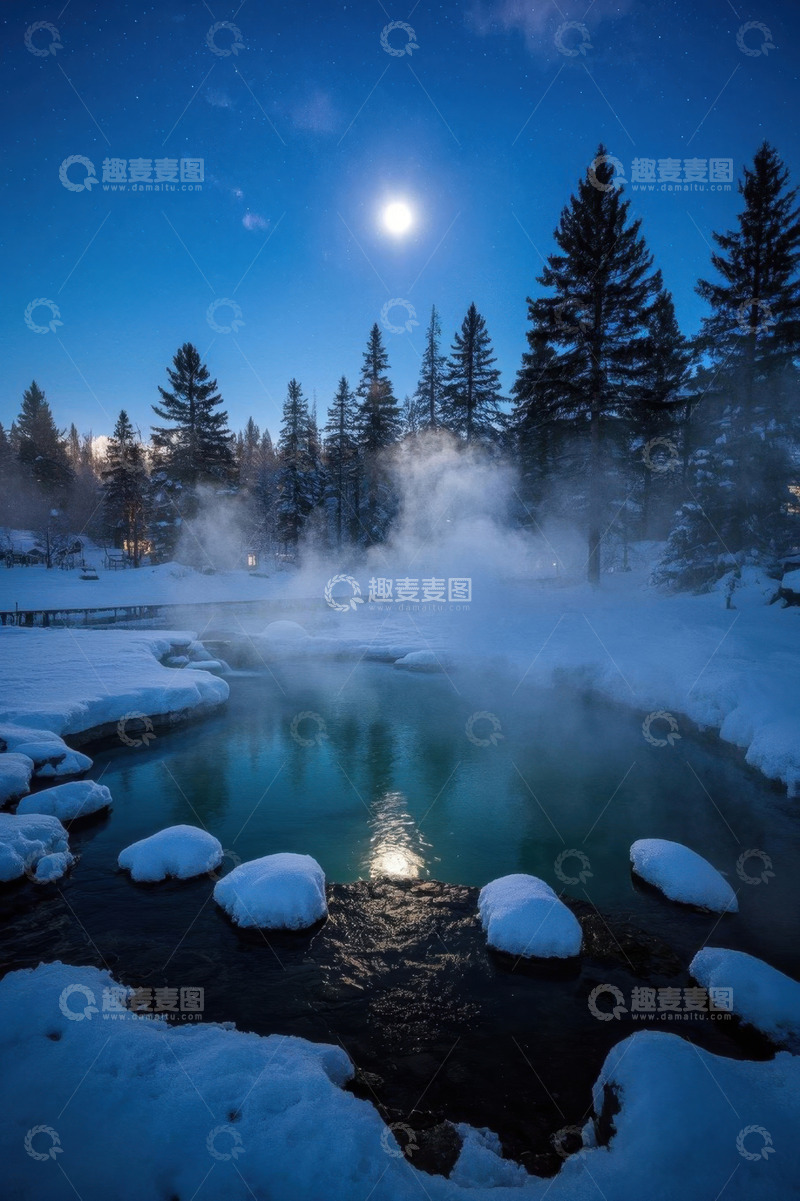 高清大图下载【趣麦麦图】月夜下积雪森林中的温泉溪流