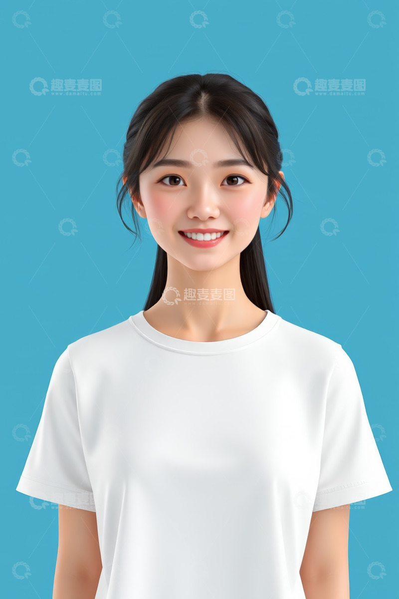 高清大图下载【趣麦麦图】穿白T恤微笑的年轻女性