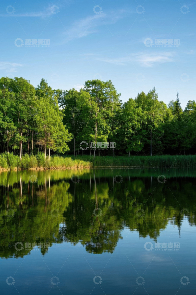 高清大图下载【趣麦麦图】森林旁平静湖水自然风光