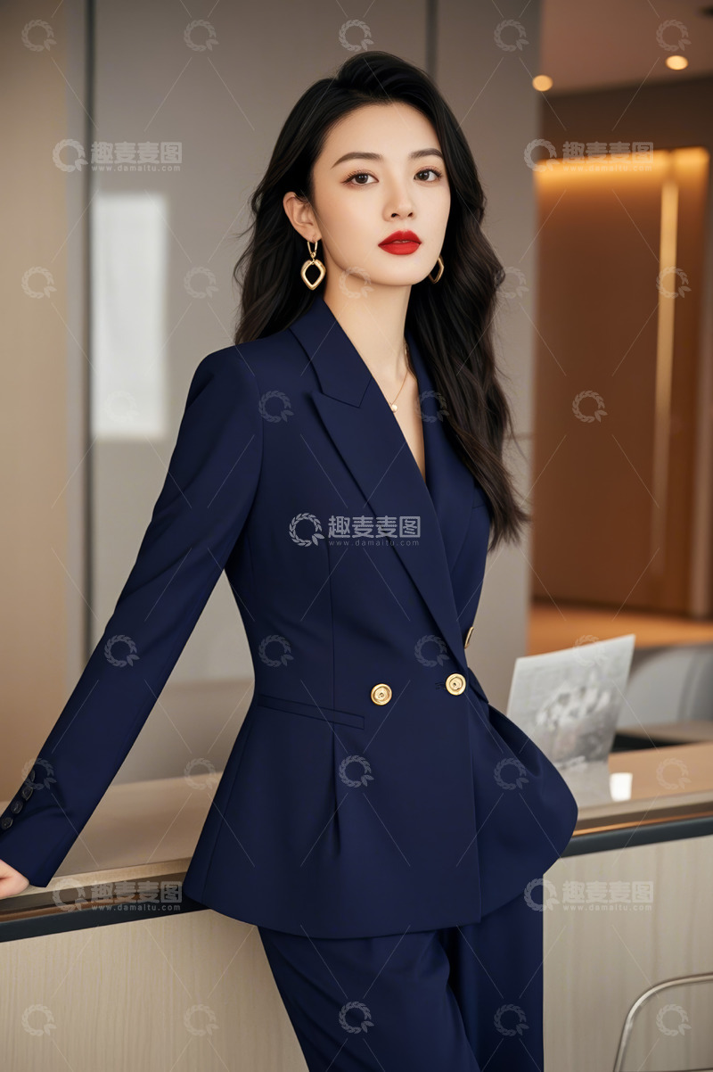 高清大图下载【趣麦麦图】身着西装的职场女性倚靠办公桌