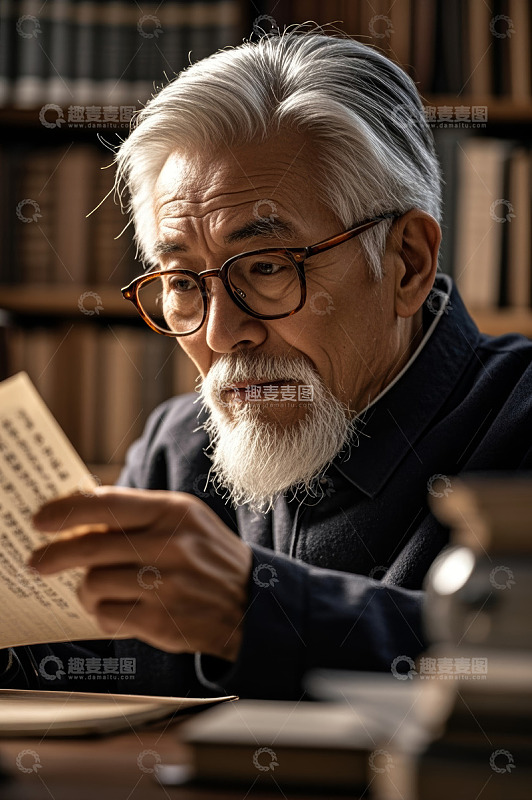 白发老人专注阅读古籍