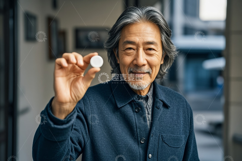 高清大图下载【趣麦麦图】老年男子手持白色药片