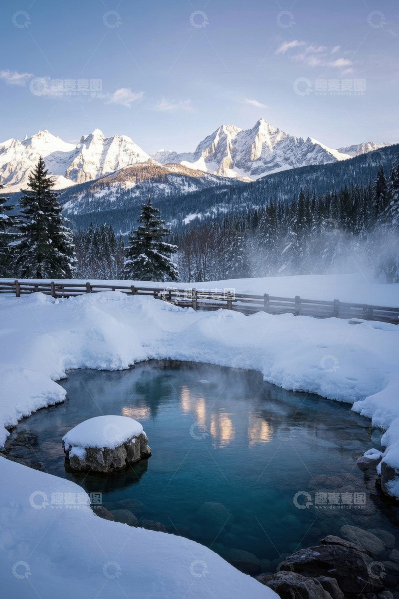 高清大图下载【趣麦麦图】雪山下的雪景与清澈水池景观