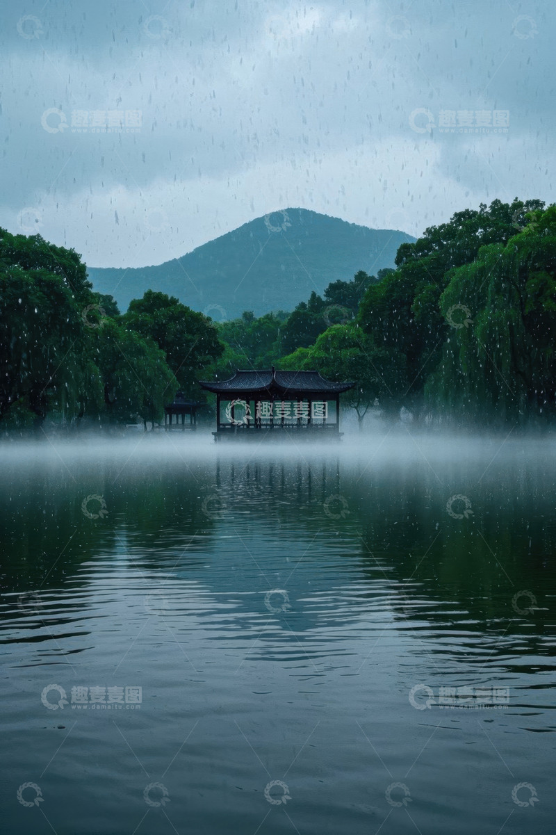 高清大图下载【趣麦麦图】雨中湖面亭阁自然风光