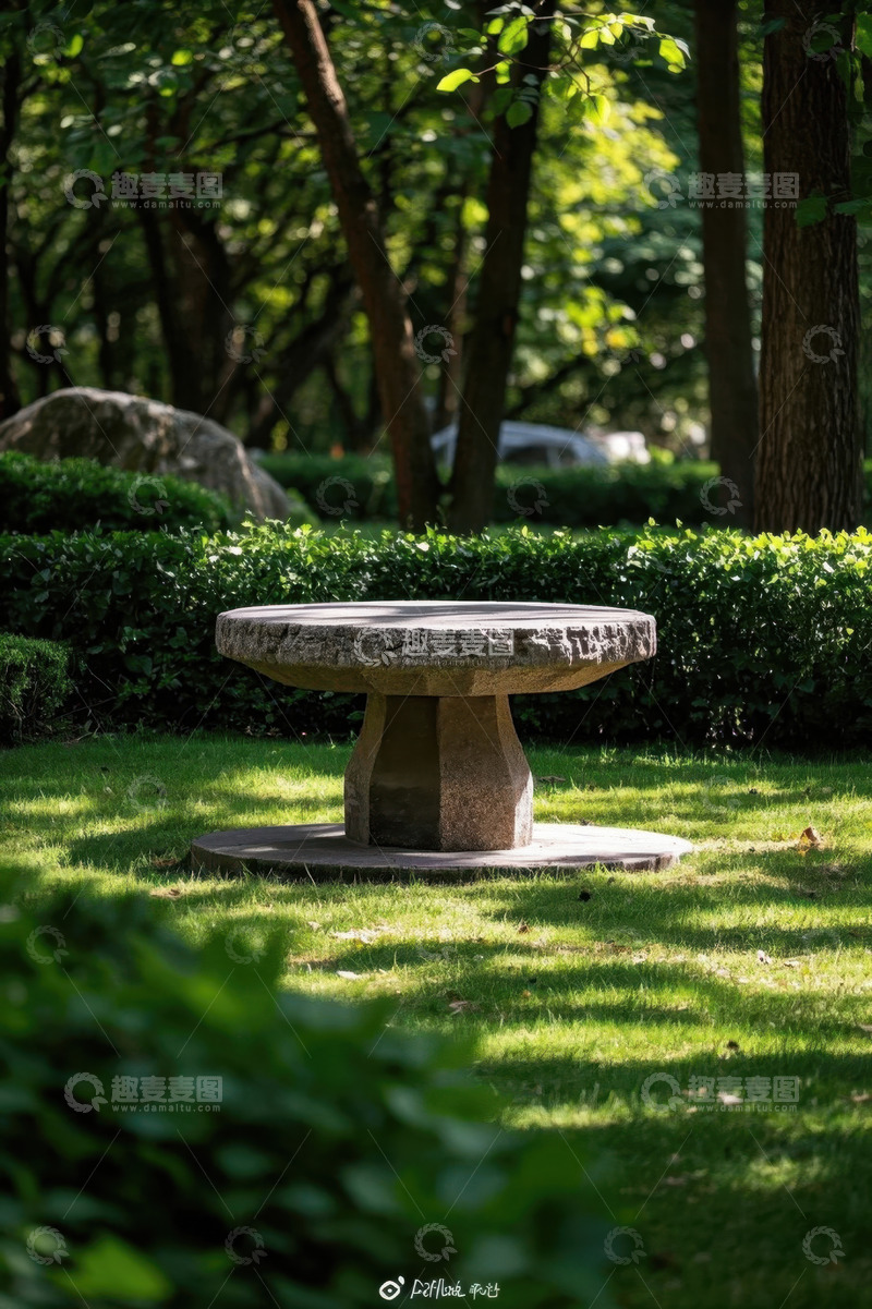 高清大图下载【趣麦麦图】公园草地中的石制圆桌