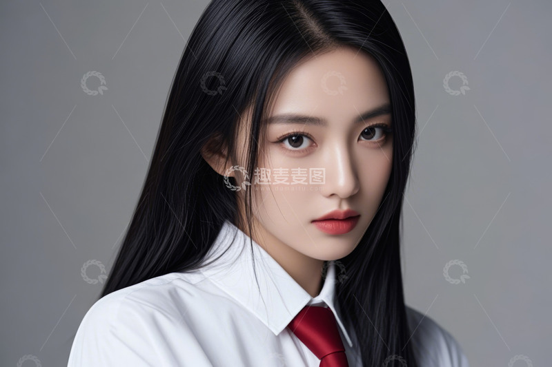 高清大图下载【趣麦麦图】穿白衬衫打红领带的女性肖像