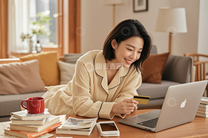 高清大图下载【趣麦麦图】居家女性使用笔记本电脑网购