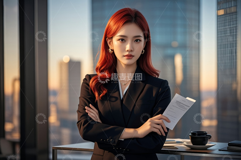 高清大图下载【趣麦麦图】商务女性持文件站于窗前