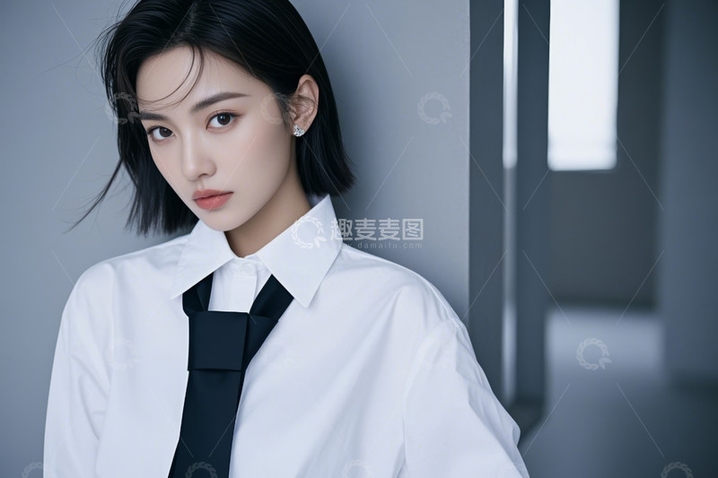 高清大图下载【趣麦麦图】穿白衬衫打领带的女性肖像