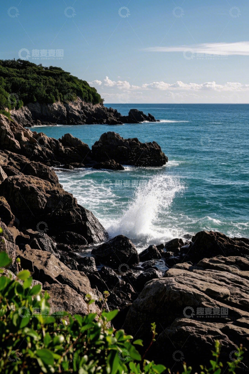 高清大图下载【趣麦麦图】海岸边海浪拍打岩石景象