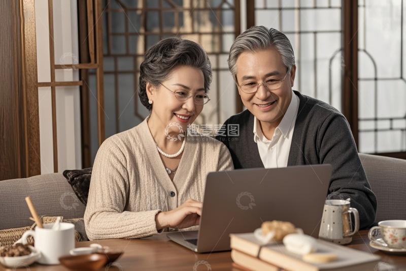 高清大图下载【趣麦麦图】老年夫妻在家使用笔记本电脑
