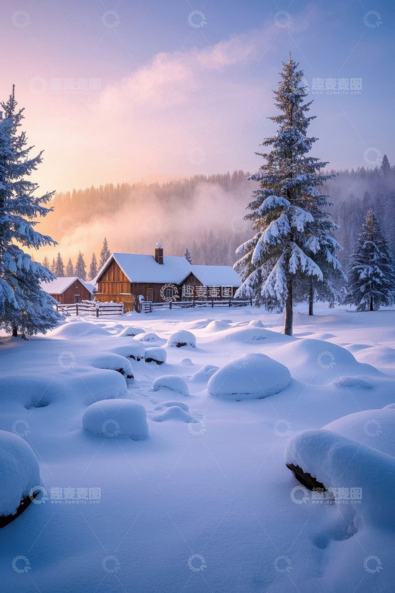 高清大图下载【趣麦麦图】雪后森林中的木屋景观