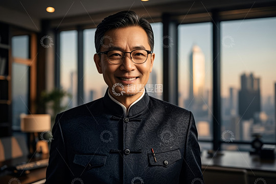 身着中式服装男士办公室肖像