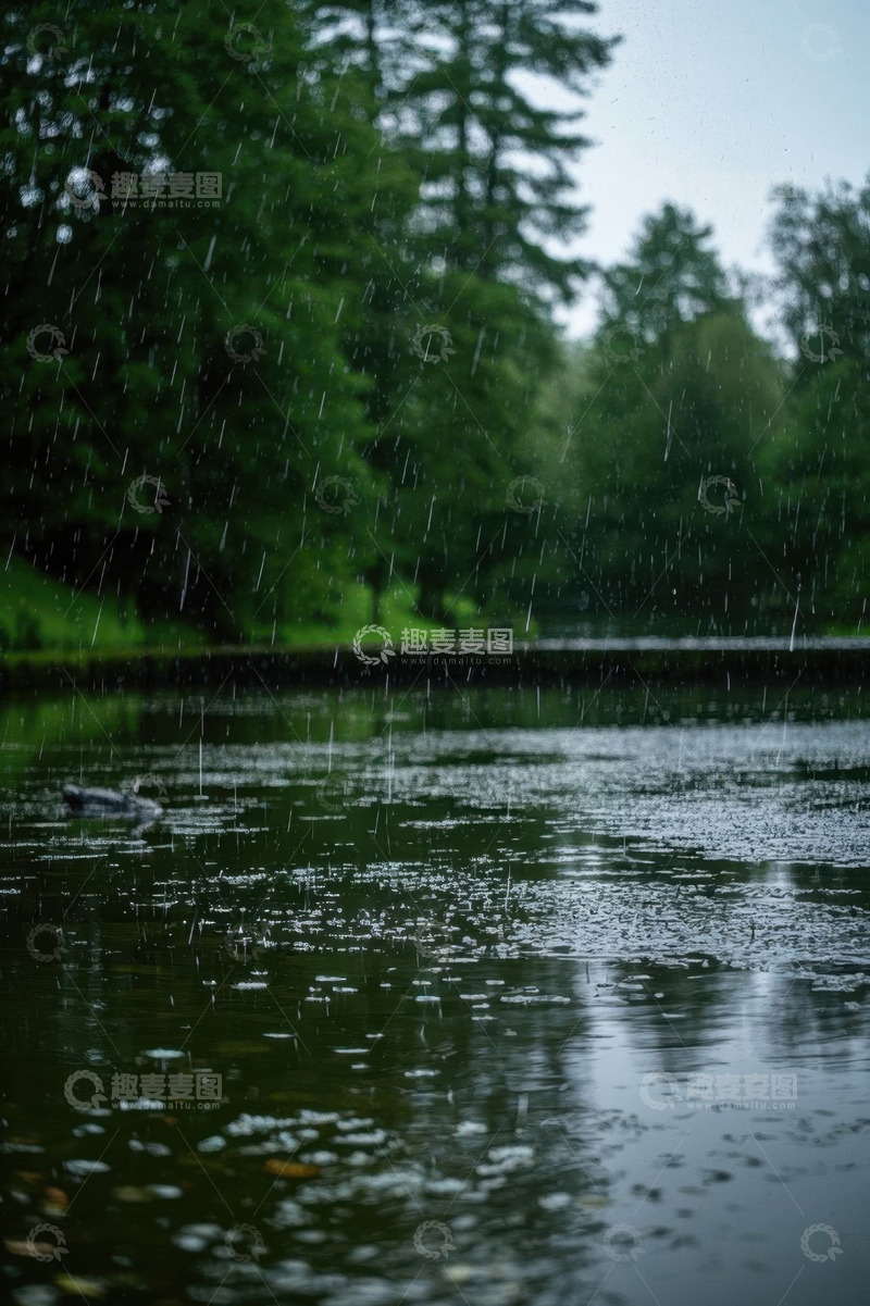 高清大图下载【趣麦麦图】雨中湖面与周边树林景观