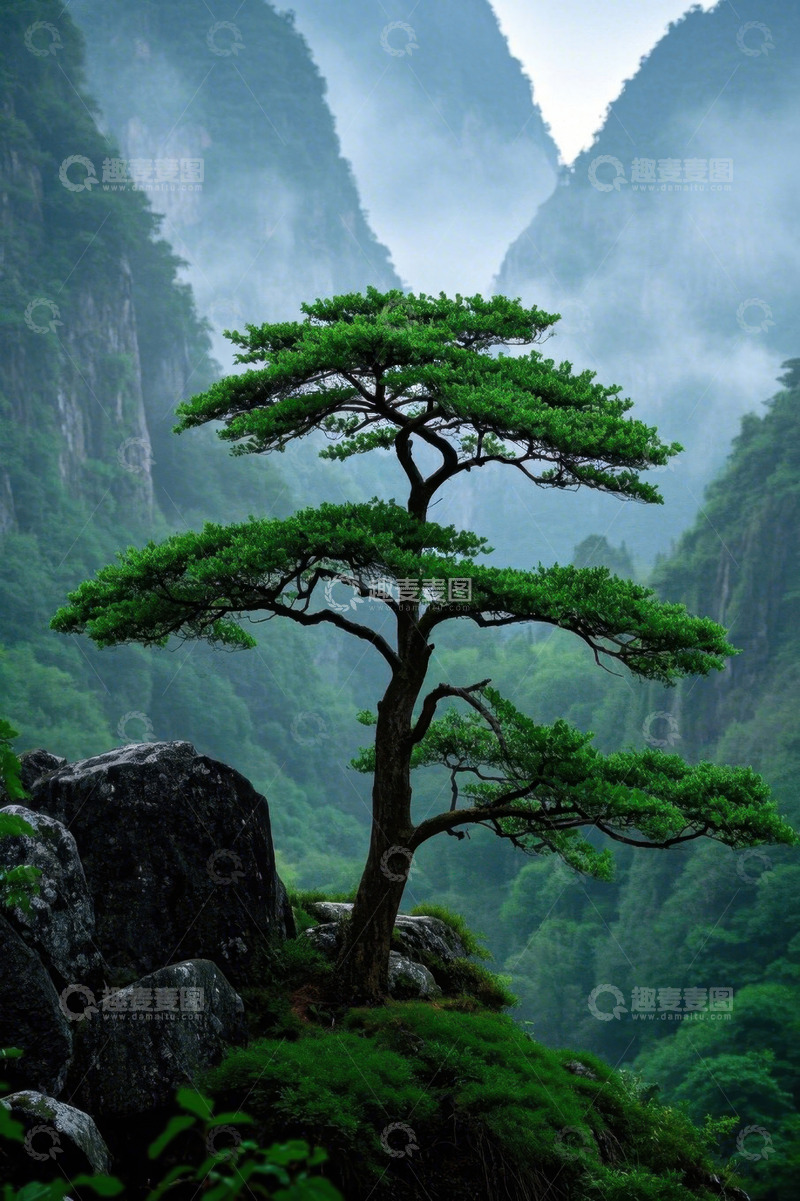 高清大图下载【趣麦麦图】山间孤松与雾霭风景