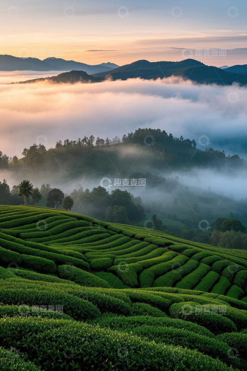 高清大图下载【趣麦麦图】晨曦中的茶山自然风光