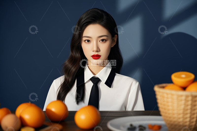 高清大图下载【趣麦麦图】穿衬衫打领带的女性与水果