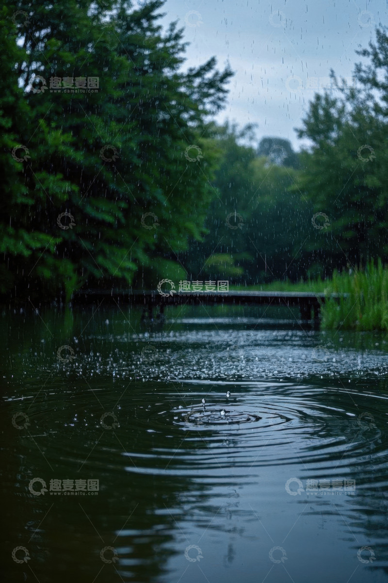 高清大图下载【趣麦麦图】雨中湖面涟漪与周边树林景象