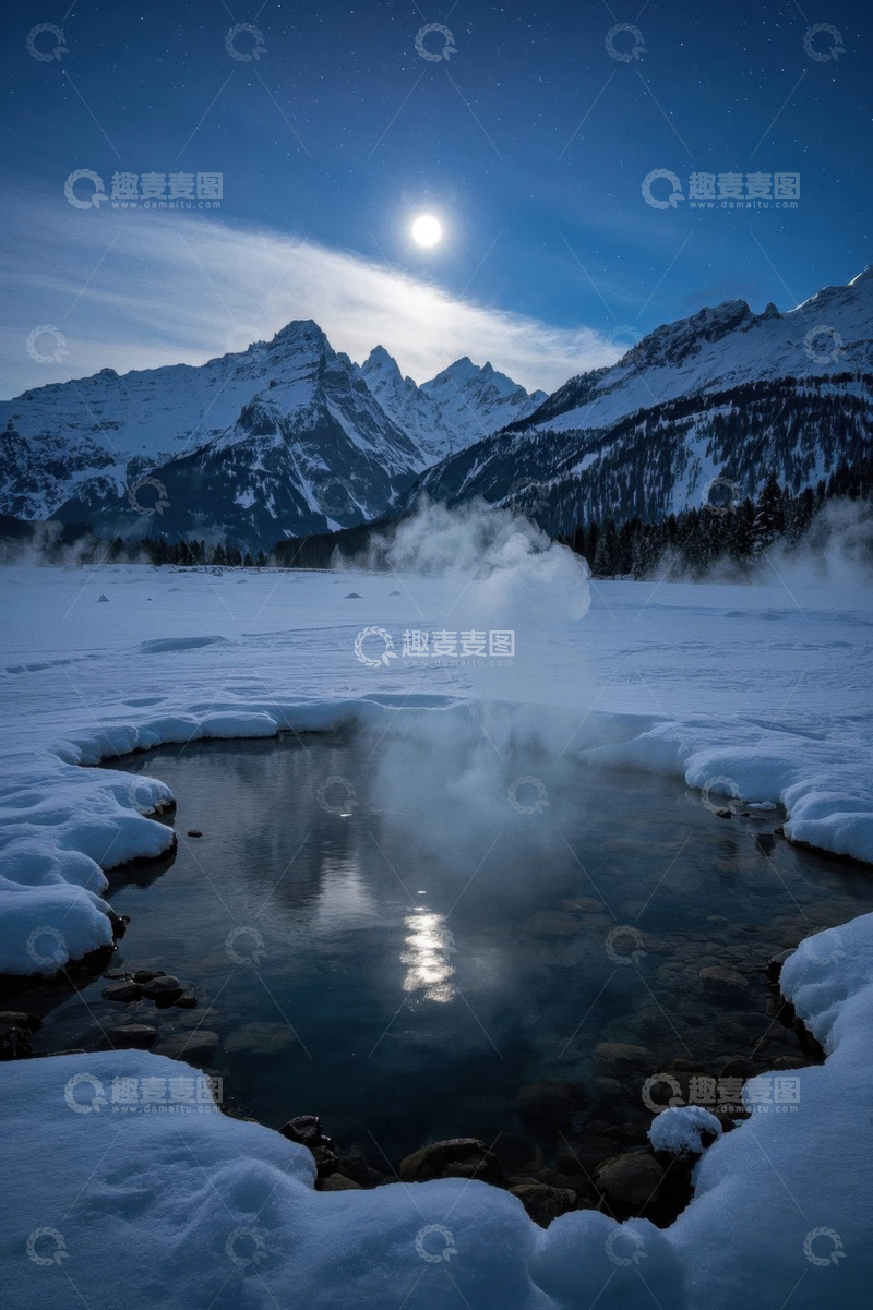 高清大图下载【趣麦麦图】雪山下雪地中的温泉夜景