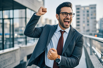 西装男士户外兴奋握拳庆祝