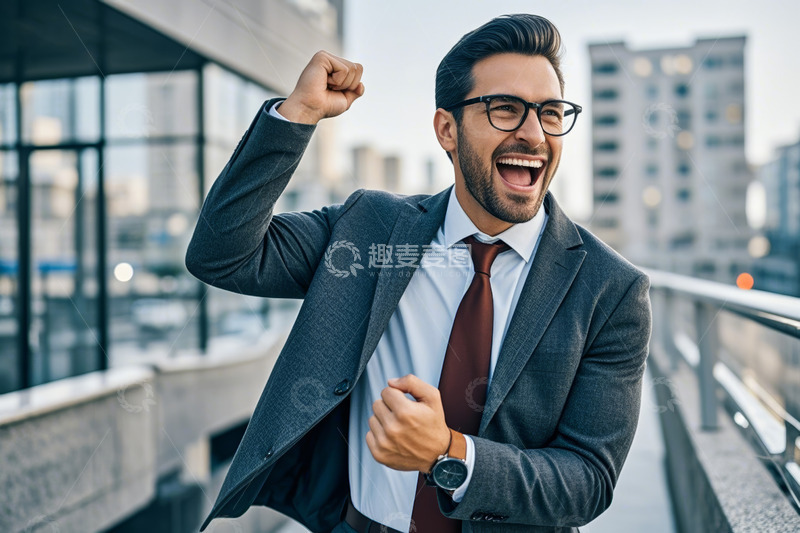 高清大图下载【趣麦麦图】西装男士户外兴奋握拳庆祝