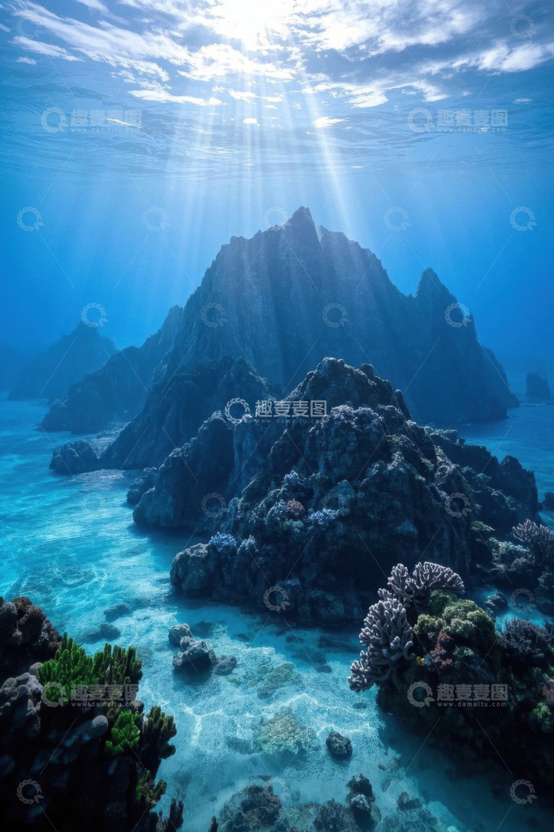 高清大图下载【趣麦麦图】海底阳光照耀下的礁石与珊瑚