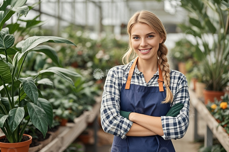 高清大图下载【趣麦麦图】温室中微笑的女性园艺工作者