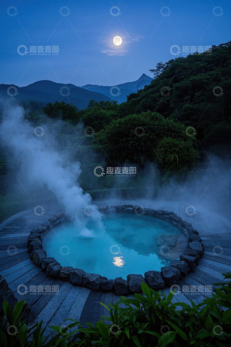 高清大图下载【趣麦麦图】月夜下的山间温泉池