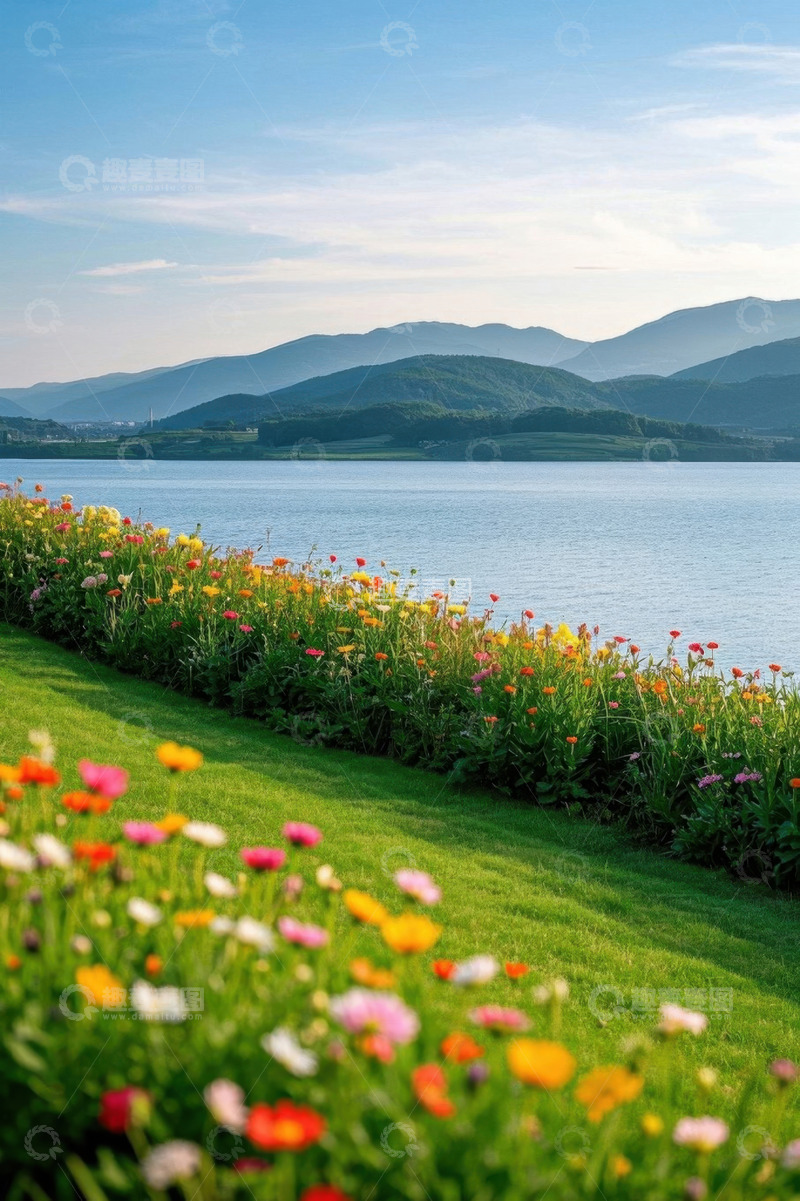 高清大图下载【趣麦麦图】湖边草地繁花与远山风景