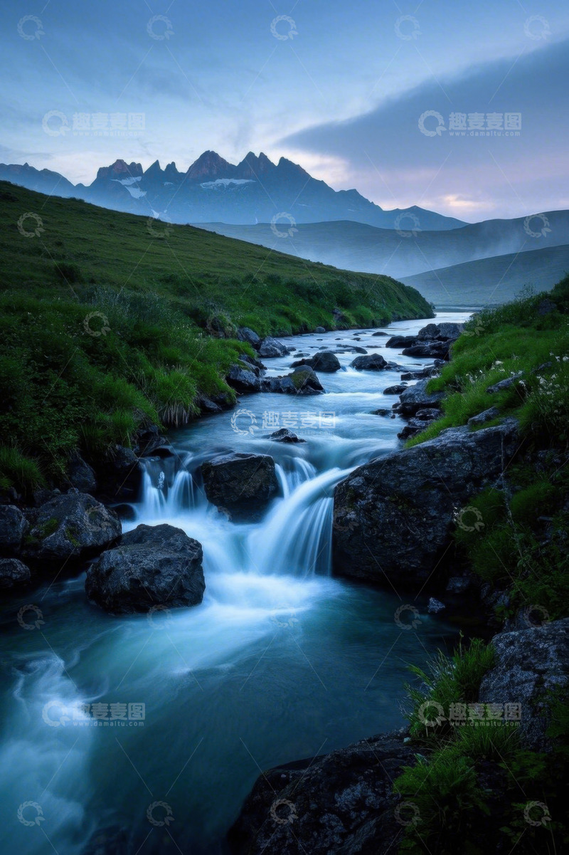 高清大图下载【趣麦麦图】山间河流与远处山峦风景