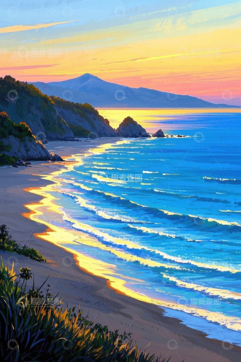 高清大图下载【趣麦麦图】黄昏时的海滩与山海景色