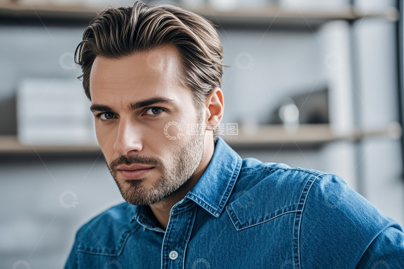 高清大图下载【趣麦麦图】室内男士牛仔装肖像特写