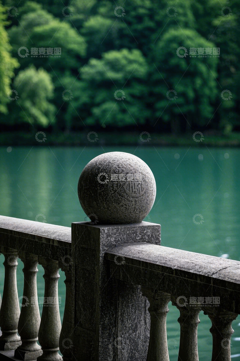 高清大图下载【趣麦麦图】湖边石栏杆与绿植景观
