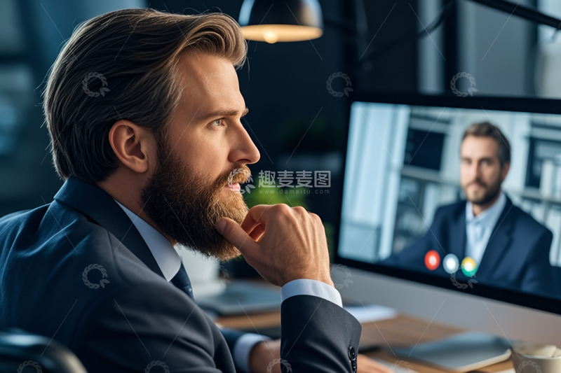 高清大图下载【趣麦麦图】商务男士办公时进行视频会议