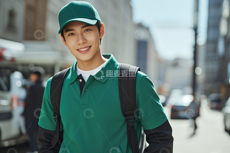 高清大图下载【趣麦麦图】街头穿绿衣戴绿帽的背包男子