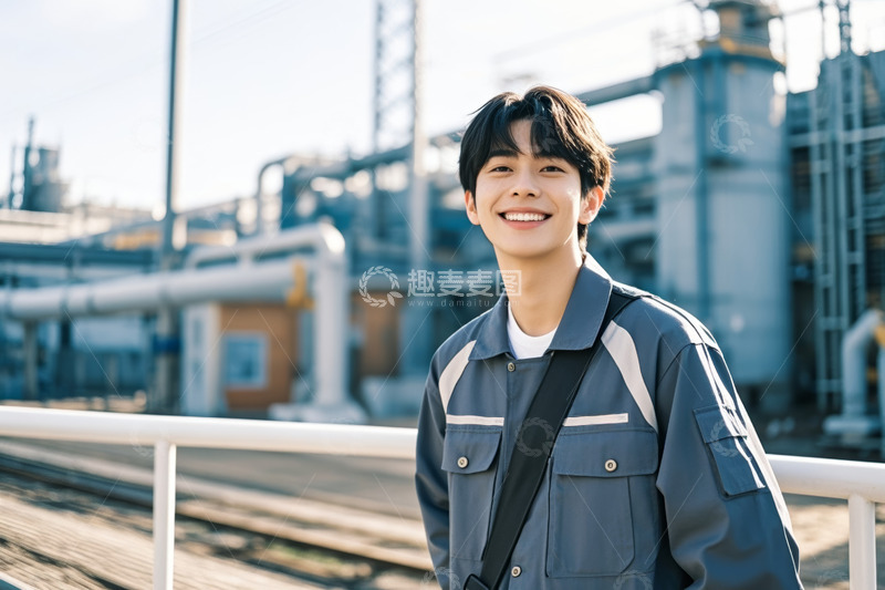 高清大图下载【趣麦麦图】穿工装男子在工厂外微笑