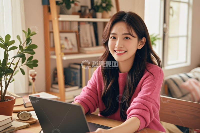 高清大图下载【趣麦麦图】居家女性使用笔记本电脑微笑