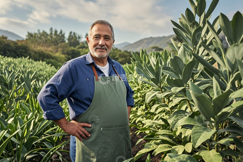 高清大图下载【趣麦麦图】农场中穿围裙的男子站立在植物旁