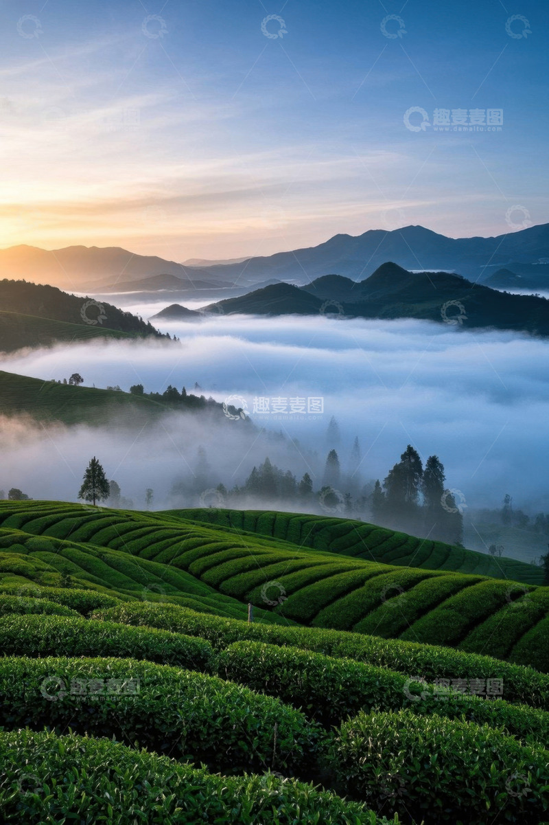 高清大图下载【趣麦麦图】山间茶园云海日出景观