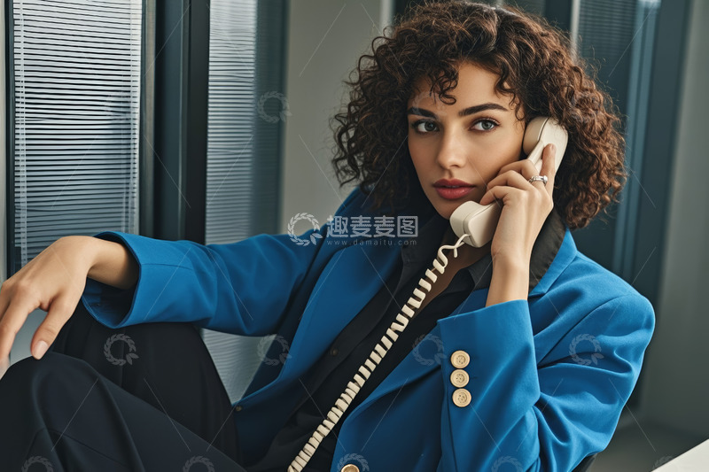 高清大图下载【趣麦麦图】穿蓝色西装女人打电话特写