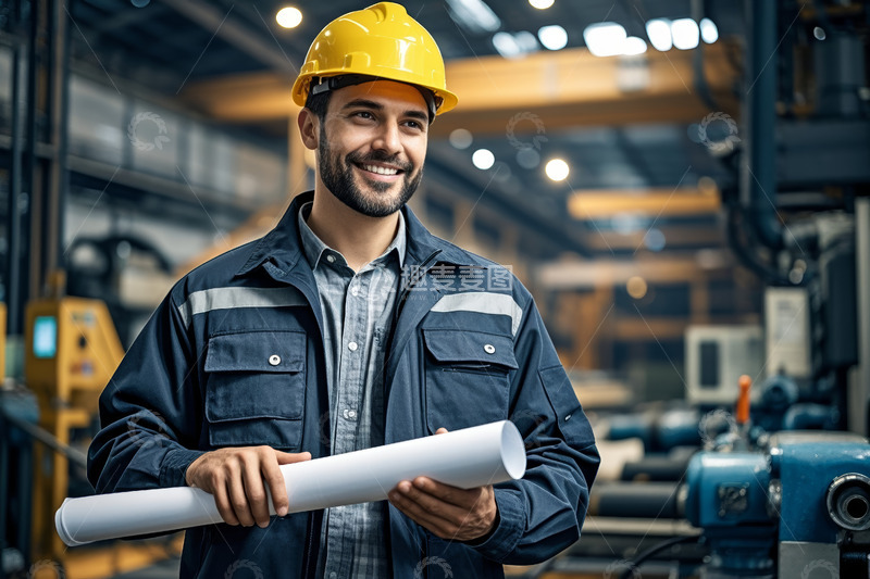 高清大图下载【趣麦麦图】工厂工程师手持图纸微笑