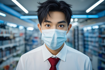 戴口罩的年轻男性超市内特写