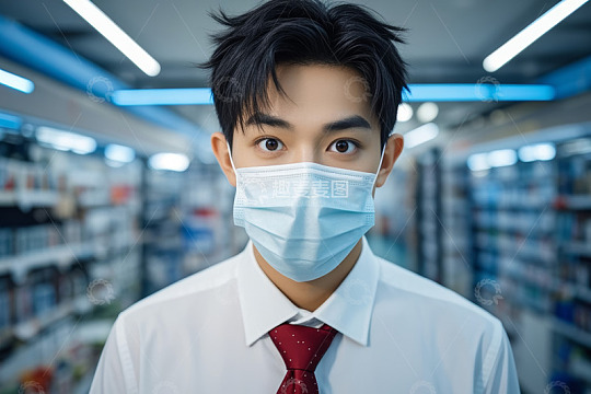戴口罩的年轻男性超市内特写