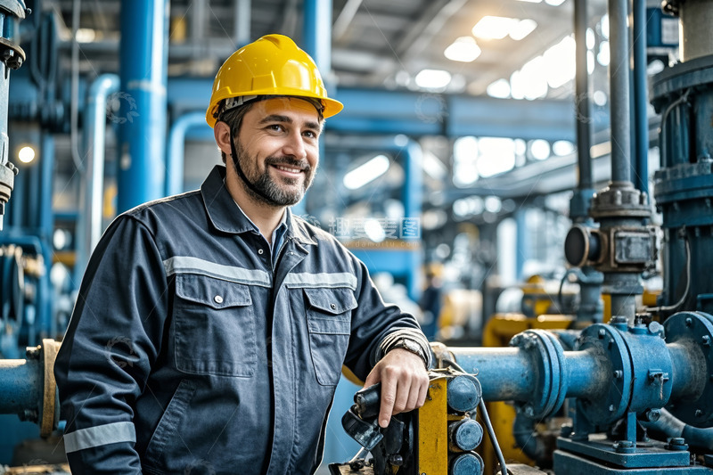 高清大图下载【趣麦麦图】工厂工人靠在机械旁微笑