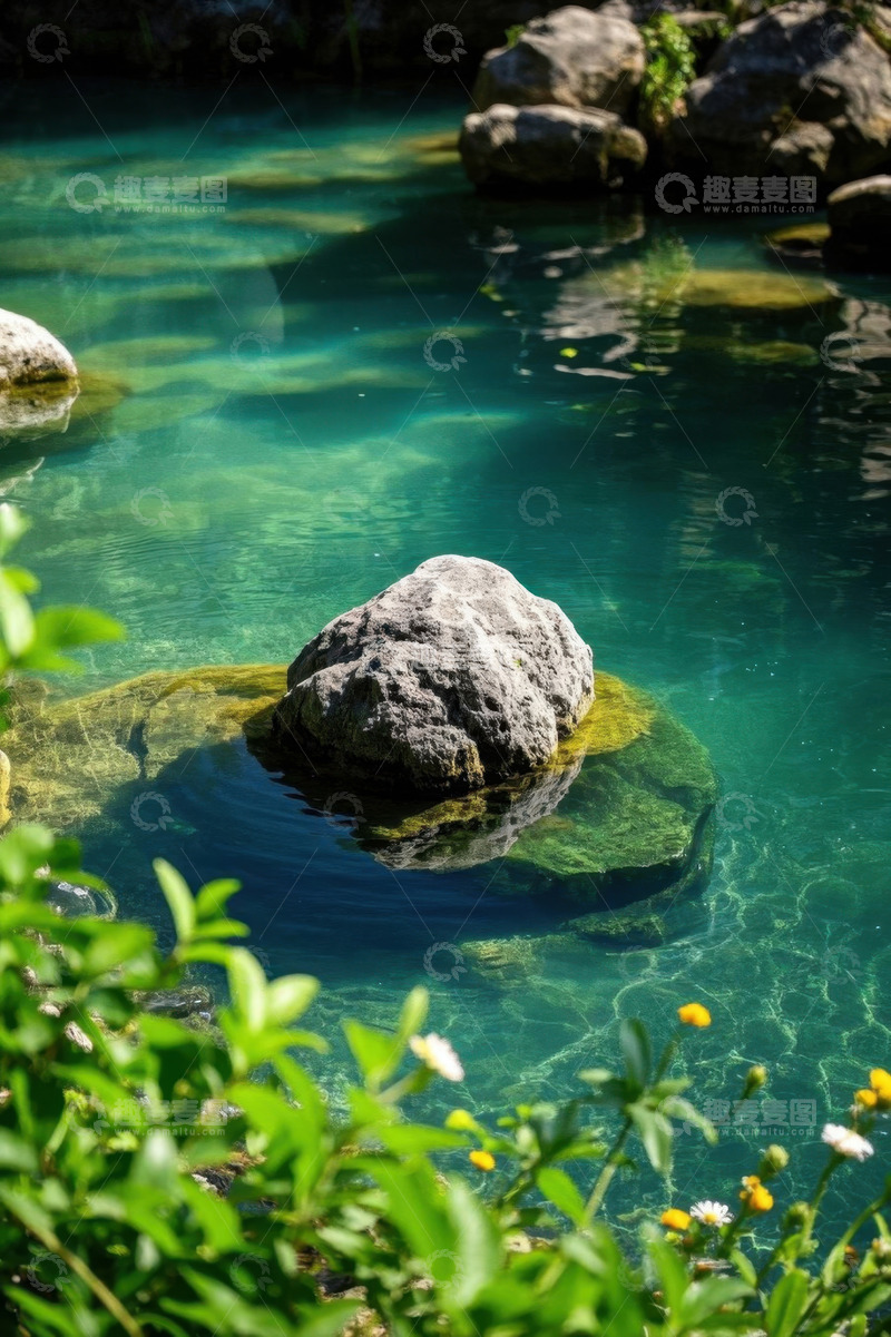 高清大图下载【趣麦麦图】清澈水域中的石头与绿植景观